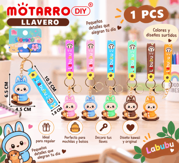 Llavero Labubu Kawaii Sentado con Correa Motarro DIY Llavero Labubu kawaii sentado con correa Motarro DIY en colores surtidos para llaves y mochilas