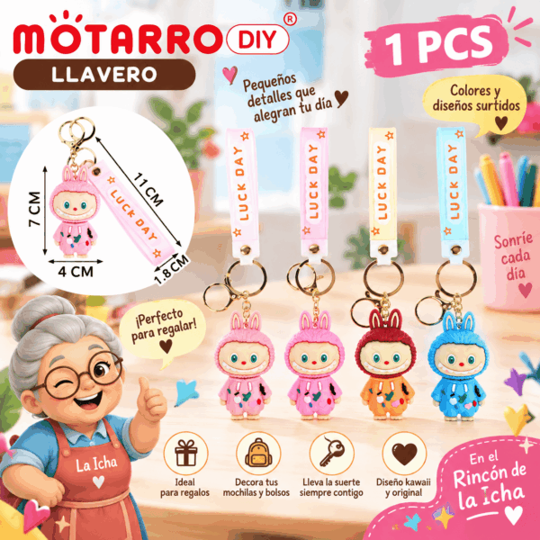 Llavero Muñeco Kawaii Luck Day Motarro DIY | El Rincón de la Icha Llavero muñeco kawaii con correa Luck Day Motarro DIY en colores surtidos junto a La Icha