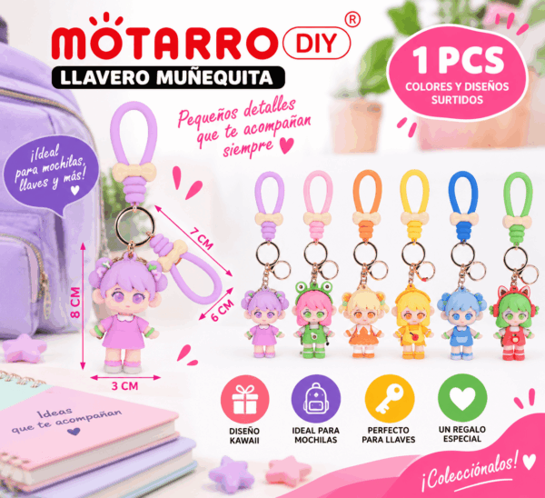 Llavero Muñequita Kawaii con Asa Motarro DIY Llavero muñequita kawaii con asa Motarro DIY en colores y diseños surtidos para llaves y mochilas