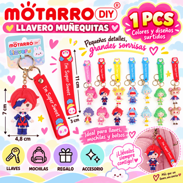 Llavero Muñequitas Kawaii con Correa Super Sweet Motarro DIY Llavero muñequitas kawaii con correa Super Sweet Motarro DIY en colores y diseños surtidos para llaves y mochilas