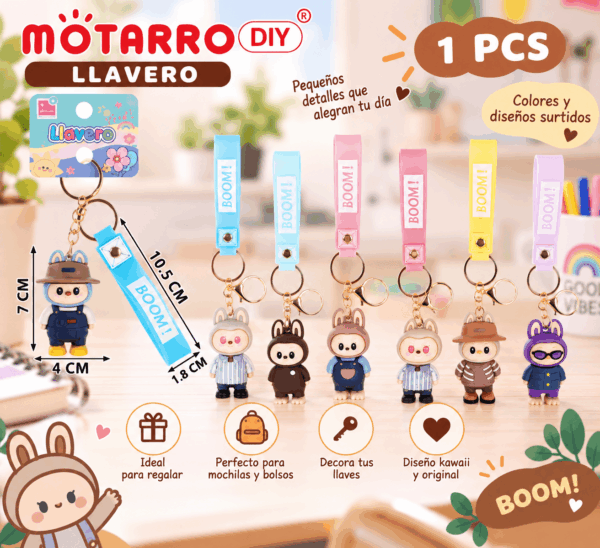 Llavero Personaje Kawaii con Correa BOOM Motarro DIY Llavero personaje kawaii con correa BOOM Motarro DIY en colores y diseños surtidos para llaves y mochilas