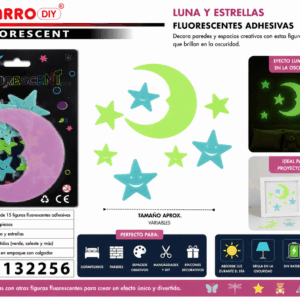 Set de 15 Lunas y Estrellas Fluorescentes Adhesivas – Colores Surtidos Set de 15 figuras fluorescentes adhesivas con luna y estrellas en colores surtidos para decorar paredes, dormitorios y espacios creativos.