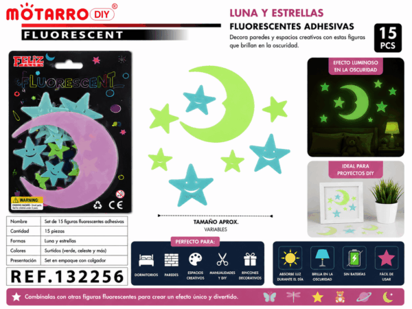 Set de 15 Lunas y Estrellas Fluorescentes Adhesivas – Colores Surtidos Set de 15 figuras fluorescentes adhesivas con luna y estrellas en colores surtidos para decorar paredes, dormitorios y espacios creativos.