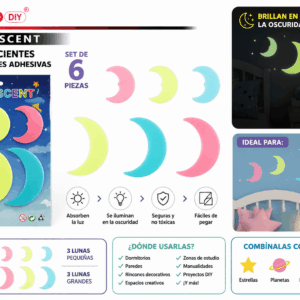 Set de 6 Lunas Crecientes Fluorescentes Adhesivas – Colores Surtidos Set de 6 lunas crecientes fluorescentes adhesivas en colores y tamaños surtidos para decorar paredes, dormitorios y espacios creativos.