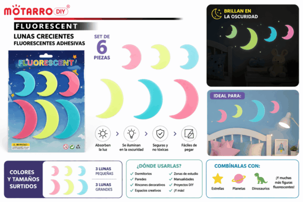 Set de 6 Lunas Crecientes Fluorescentes Adhesivas – Colores Surtidos Set de 6 lunas crecientes fluorescentes adhesivas en colores y tamaños surtidos para decorar paredes, dormitorios y espacios creativos.
