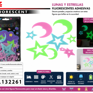 Set de 15 Lunas y Estrellas Fluorescentes Adhesivas – Colores Surtidos Set de 15 lunas y estrellas fluorescentes adhesivas en colores surtidos para decorar paredes, dormitorios y espacios creativos.