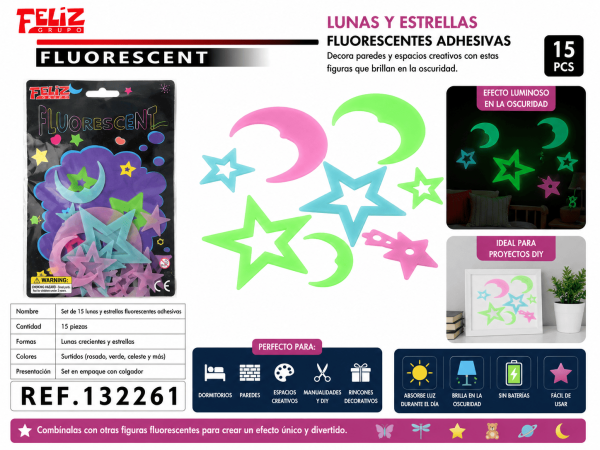 Set de 15 Lunas y Estrellas Fluorescentes Adhesivas – Colores Surtidos Set de 15 lunas y estrellas fluorescentes adhesivas en colores surtidos para decorar paredes, dormitorios y espacios creativos.