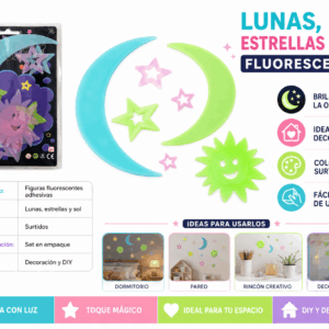 Lunas, Estrellas y Sol Fluorescentes Adhesivos – Colores Surtidos Set de lunas, estrellas y sol fluorescentes adhesivos en colores y tamaños surtidos para decorar paredes, dormitorios y espacios creativos.
