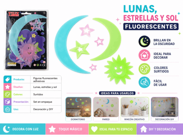 Lunas, Estrellas y Sol Fluorescentes Adhesivos – Colores Surtidos Set de lunas, estrellas y sol fluorescentes adhesivos en colores y tamaños surtidos para decorar paredes, dormitorios y espacios creativos.