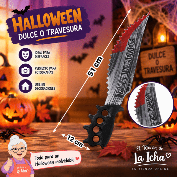 Machete Zombie Halloween Decorativo 51 x 12 cm Machete zombie Halloween decorativo de 51 x 12 cm para disfraces y ambientaciones de terror