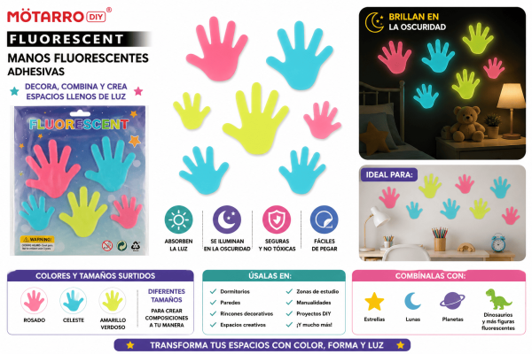 Manos Fluorescentes Adhesivas – Colores y Tamaños Surtidos Manos fluorescentes adhesivas en colores y tamaños surtidos para decorar paredes, dormitorios, zonas de estudio y espacios creativos.