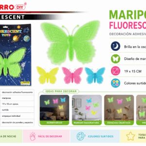 Mariposa Fluorescente Adhesiva 19 x 15 cm – Colores Surtidos Mariposa fluorescente adhesiva de 19 x 15 cm en colores surtidos para decorar paredes, dormitorios y espacios creativos.