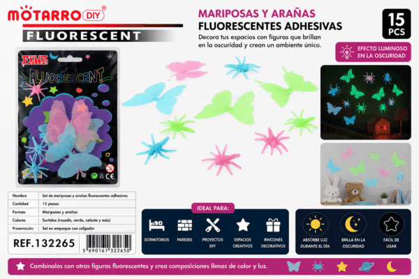 Set de 15 Mariposas y Arañas Fluorescentes Adhesivas – Colores Surtidos Set de 15 mariposas y arañas fluorescentes adhesivas en colores surtidos para decorar paredes, dormitorios y espacios creativos.