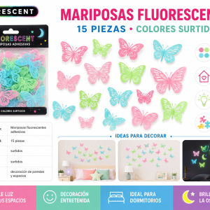 Set de 15 Mariposas Fluorescentes Adhesivas – Colores Surtidos Set de 15 mariposas fluorescentes adhesivas en diseños, tamaños y colores surtidos para decorar paredes, dormitorios y espacios creativos.