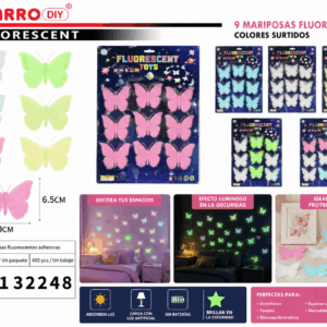 Set de 9 mariposas fluorescentes adhesivas de 9 x 6,5 cm en colores surtidos para decorar paredes, dormitorios y espacios creativos.