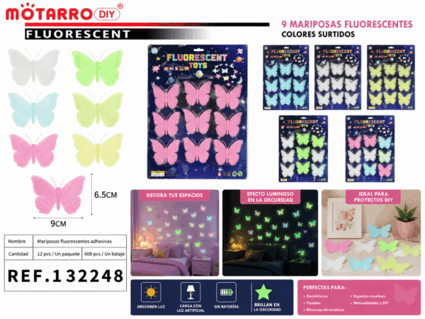 Set de 9 Mariposas Fluorescentes Adhesivas 9 x 6,5 cm – Colores Surtidos Set de 9 mariposas fluorescentes adhesivas de 9 x 6,5 cm en colores surtidos para decorar paredes, dormitorios y espacios creativos.