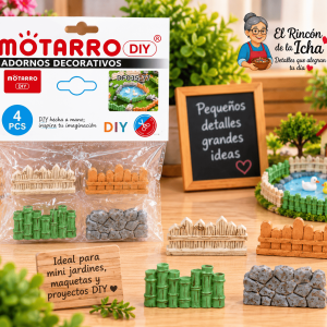 Cercos Decorativos – 4 Piezas Diseños Surtidos Set de 4 mini cercos decorativos en diseños surtidos, mostrado junto a su empaque tipo bolsa y ejemplos de variantes