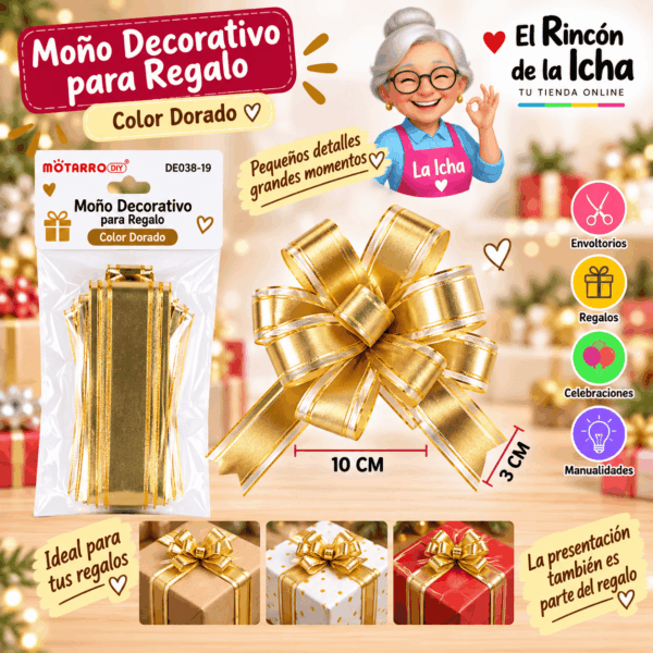 Moño Decorativo Dorado para Regalo 10 x 3 cm Moño decorativo dorado para regalo de 10 x 3 cm con acabado brillante