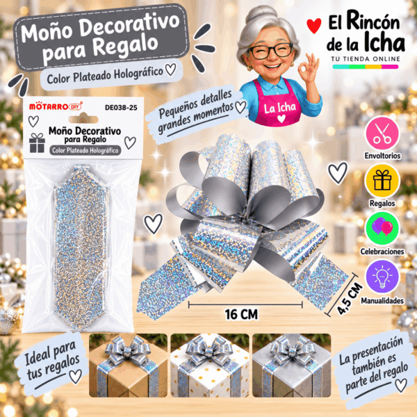 Moño Decorativo Plateado Holográfico para Regalo 16 x 4,5 cm Moño decorativo plateado holográfico para regalo de 16 x 4,5 cm con acabado brillante