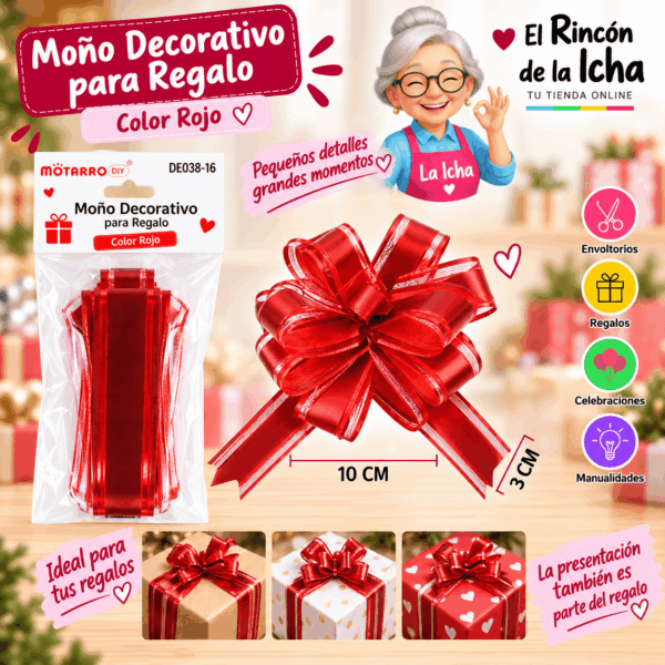 Moño Decorativo Rojo para Regalo 10 x 3 cm Moño decorativo rojo para regalo de 10 x 3 cm con acabado brillante