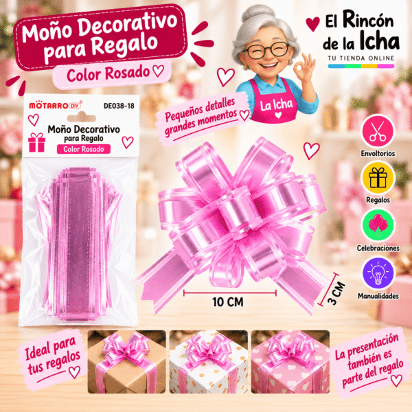 Moño Decorativo Rosado para Regalo 10 x 3 cm Moño decorativo rosado para regalo de 10 x 3 cm con acabado brillante