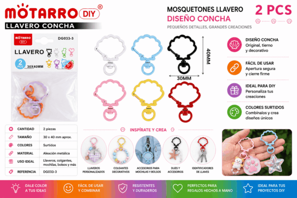 Set de 2 Mosquetones Llavero Concha Multicolor para Manualidades DIY Set de 2 mosquetones llavero con diseño de concha en colores surtidos para llaveros, mochilas, bolsos y manualidades DIY