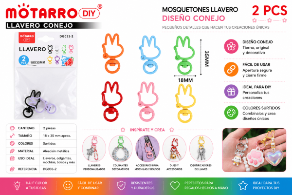 Set de 2 Mosquetones Llavero Conejo Multicolor para Manualidades DIY Set de 2 mosquetones llavero con diseño de conejo en colores surtidos para llaveros, mochilas, bolsos y manualidades DIY