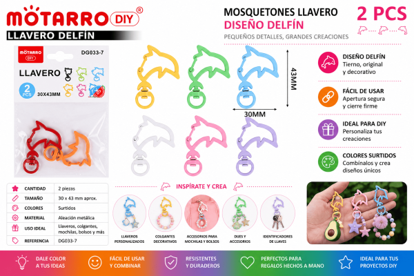Set de 2 Mosquetones Llavero Delfín Multicolor para Manualidades DIY Set de 2 mosquetones llavero con diseño de delfín en colores surtidos para llaveros, mochilas, bolsos y manualidades DIY