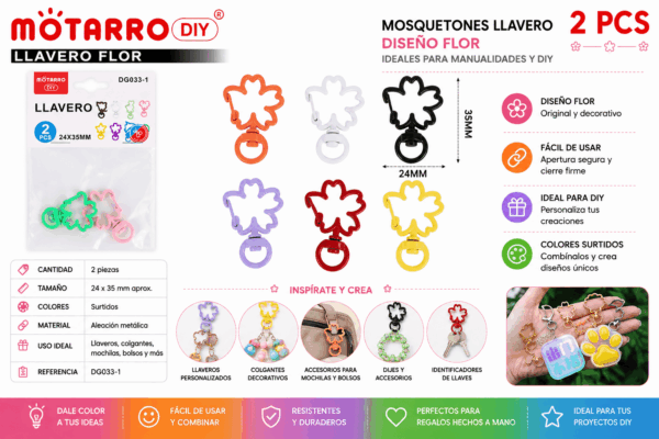 Set de 2 Mosquetones Llavero Flor Multicolor para Manualidades DIY Set de 2 mosquetones llavero con diseño de flor y colores surtidos para llaveros, mochilas, bolsos y manualidades DIY