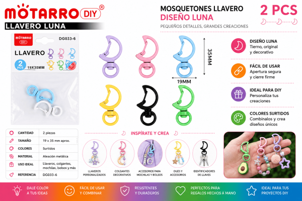 Set de 2 Mosquetones Llavero Luna Multicolor para Manualidades DIY Set de 2 mosquetones llavero con diseño de luna en colores surtidos para llaveros, mochilas, bolsos y manualidades DIY