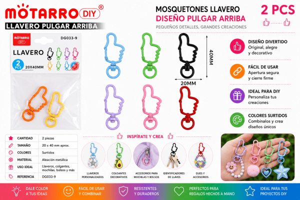 Set de 2 Mosquetones Llavero Pulgar Arriba Multicolor para Manualidades DIY Set de 2 mosquetones llavero con diseño de pulgar arriba en colores surtidos para llaveros, mochilas, bolsos y manualidades DIY