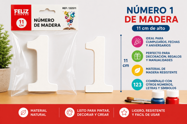 Número 1 de madera de 11 cm para manualidades, cumpleaños, fechas, edades y decoración personalizada