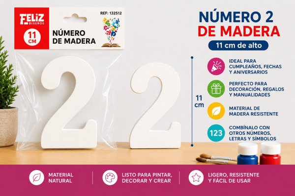 Número 2 de Madera 11 cm para Manualidades y Decoración Número 2 de madera de 11 cm para manualidades, cumpleaños, fechas, edades y decoración personalizada