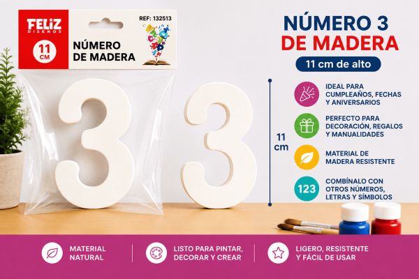 Número 3 de madera de 11 cm para manualidades, cumpleaños, fechas, edades y decoración personalizada