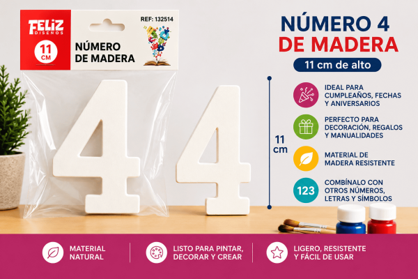 Número 4 de madera de 11 cm para manualidades, cumpleaños, fechas, edades y decoración personalizada