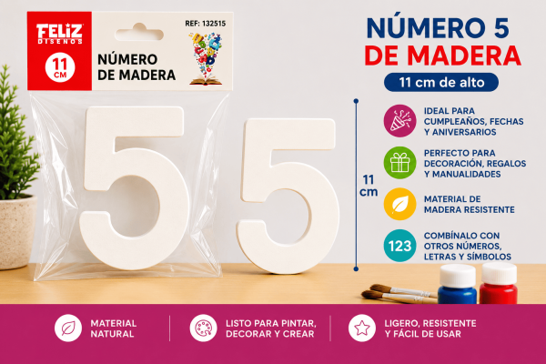 Número 5 de madera de 11 cm para manualidades, cumpleaños, fechas, edades y decoración personalizada