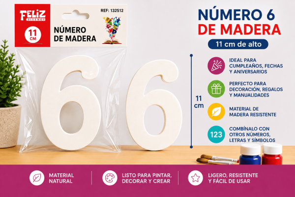 Número 6 de madera de 11 cm para manualidades, cumpleaños, fechas, edades y decoración personalizada