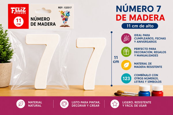 Número 7 de Madera 11 cm para Manualidades y Decoración Número 7 de madera de 11 cm para manualidades, cumpleaños, fechas, edades y decoración personalizada