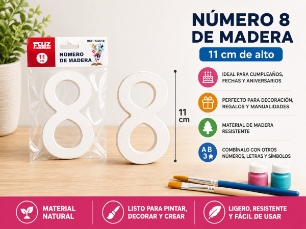 Número 8 de Madera 11 cm para Manualidades y Decoración Número 8 de madera de 11 cm para manualidades, cumpleaños, fechas, edades y decoración personalizada