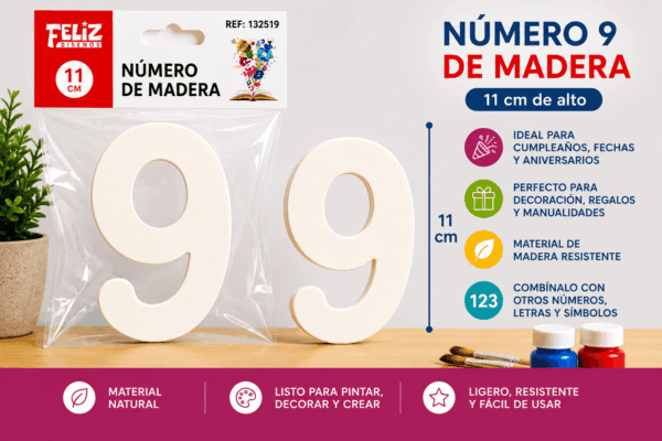 Número 9 de Madera 11 cm para Manualidades y Decoración Número 9 de madera de 11 cm para manualidades, cumpleaños, fechas, edades y decoración personalizada