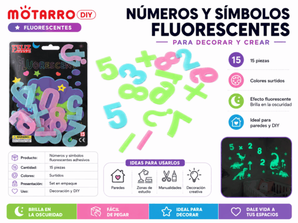 Set de 15 Números y Símbolos Fluorescentes Adhesivos – Colores Surtidos Set de 15 números y símbolos fluorescentes adhesivos en colores surtidos para decorar paredes, zonas de estudio, espacios creativos y proyectos DIY.