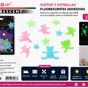 Set de 15 Ositos y Estrellas Fluorescentes Adhesivas – Colores Surtidos Set de 15 ositos y estrellas fluorescentes adhesivas en colores surtidos para decorar paredes, dormitorios y espacios creativos.