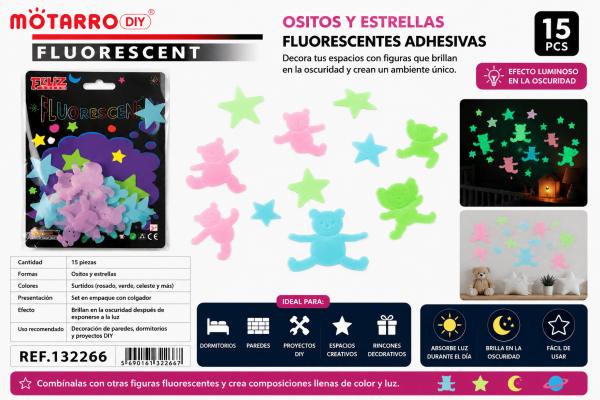 Set de 15 Ositos y Estrellas Fluorescentes Adhesivas – Colores Surtidos Set de 15 ositos y estrellas fluorescentes adhesivas en colores surtidos para decorar paredes, dormitorios y espacios creativos.