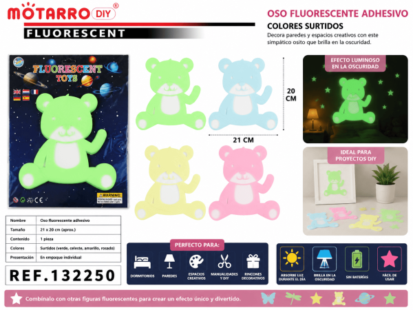 Oso Fluorescente Adhesivo 21 x 20 cm – Colores Surtidos Oso fluorescente adhesivo de 21 x 20 cm en colores surtidos para decorar paredes, dormitorios y espacios creativos.