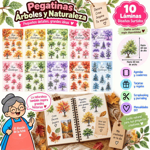 Pack 10 Láminas de Pegatinas PET Árboles y Naturaleza 60 x 60 mm | El Rincón de la Icha Pack de 10 láminas de pegatinas PET con diseños de árboles y naturaleza de hasta 60 x 60 mm en colores surtidos.