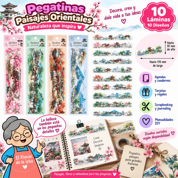 Pack 10 Pegatinas PET Paisajes Orientales 170 x 50 mm | El Rincón de la Icha Pack de 10 láminas de pegatinas PET con paisajes orientales, jardines, flores y escenas naturales de hasta 170 x 50 mm.