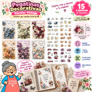 Pack 15 Láminas de Pegatinas PET Florales Vintage | El Rincón de la Icha Pack de 15 láminas de pegatinas PET con diseños florales vintage, frases decorativas y composiciones botánicas.