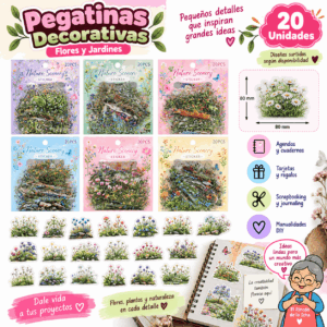 Pack 20 Pegatinas PET Flores y Jardines 80 x 80 mm | El Rincón de la Icha Pack de 20 pegatinas PET de 80 x 80 mm con diseños de flores, plantas y pequeños jardines.