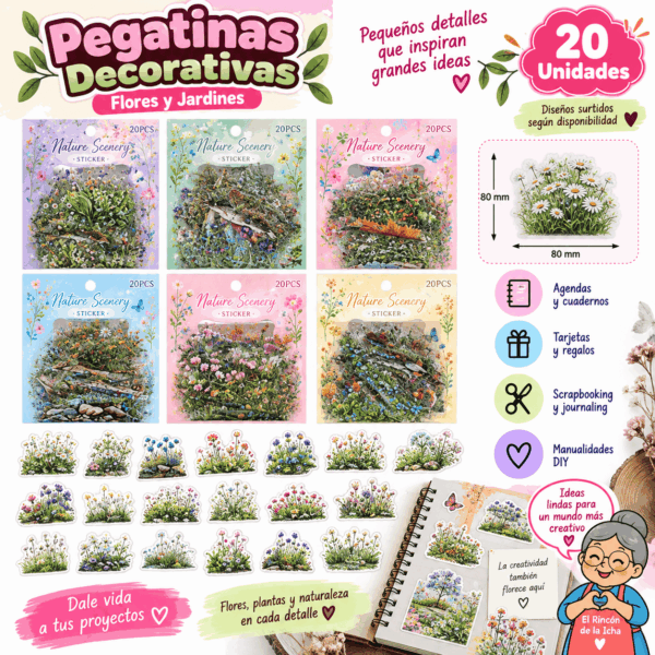 Pack 20 Pegatinas PET Flores y Jardines 80 x 80 mm | El Rincón de la Icha Pack de 20 pegatinas PET de 80 x 80 mm con diseños de flores, plantas y pequeños jardines.