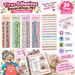 Pack 20 Tiras Adhesivas PET Flores y Plantas 10 x 150 mm | El Rincón de la Icha Pack de 20 tiras adhesivas PET de 10 x 150 mm con diseños de flores, hojas y plantas para decoración creativa.